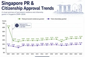 Line chart showing Singapore Permanent Residency and Citizenship approvals from 2009 to 2024, highlighting annual PR grants and citizenship grants issued by Singapore.