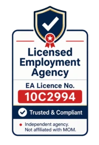 One Visa licensed employment agency badge showing EA Licence No. 10C2994, trusted and compliant Singapore agency, independent and not affiliated with MOM.